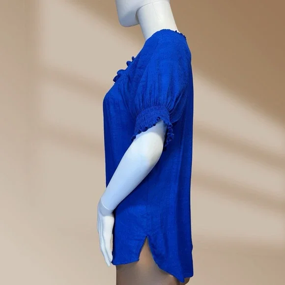 Dressbarn Crochet Tie Front Pretty Blue Pheasant Top Blouse Dressy or Casual - Picture 2 of 3